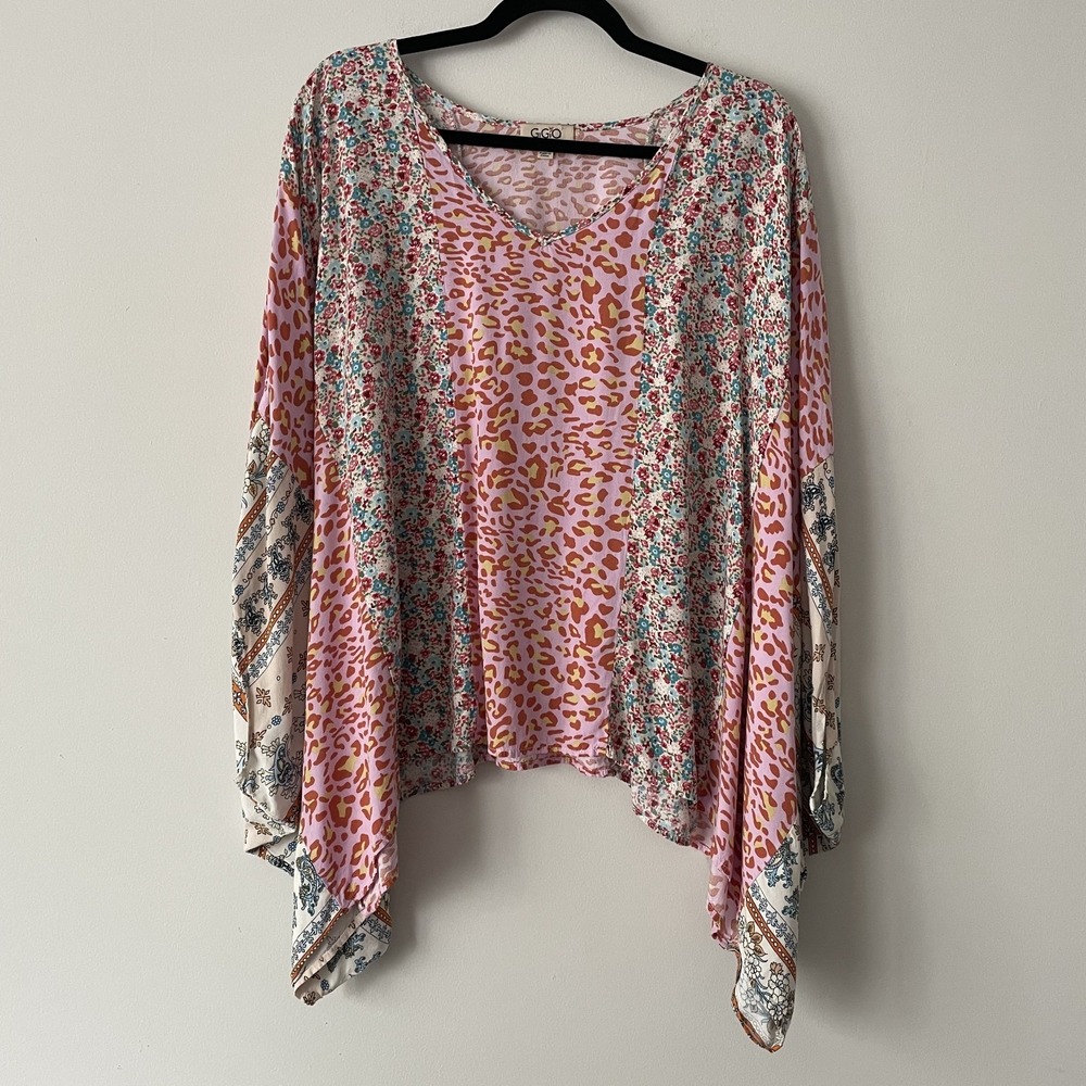 GiGio Mixed Print Floral Leopard Top 1X Patchwork Oversized Boho Asymmetrical